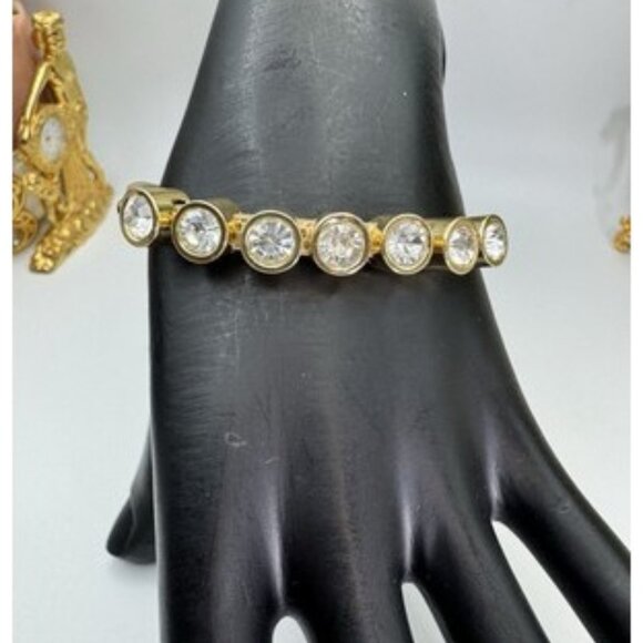 Juicy Couture Clear Crystal Bezel Set Rhinestone Gold Tone Leather Bracelet - Picture 1 of 10